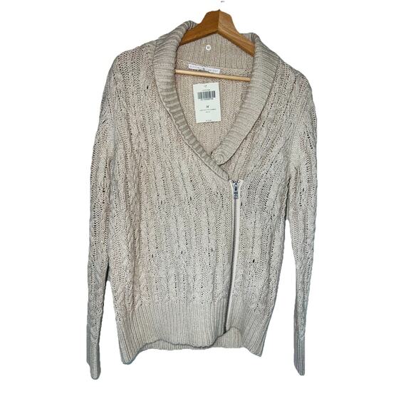 NEW BOSTON PROPER Cardigan Sweater Size M Cream/Tan Cable Knit full zip - Picture 1 of 9